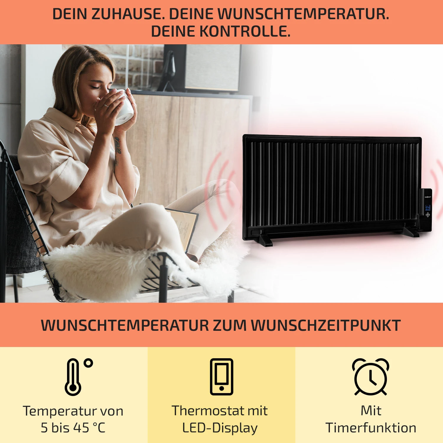Wallander Ölradiator 1000W Thermostat Ölheizung Ultraflach Schwarz – Bild 3