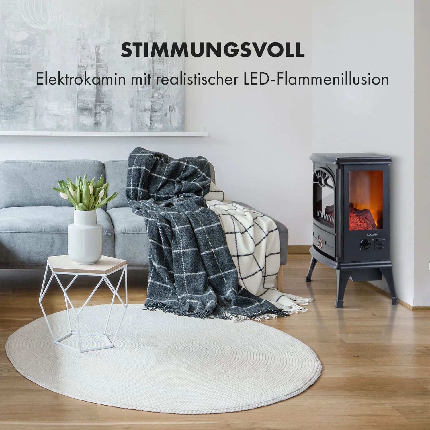Leoben Elektrischer Kamin 900 / 1800 W Thermostat PanoramaView – Bild 2