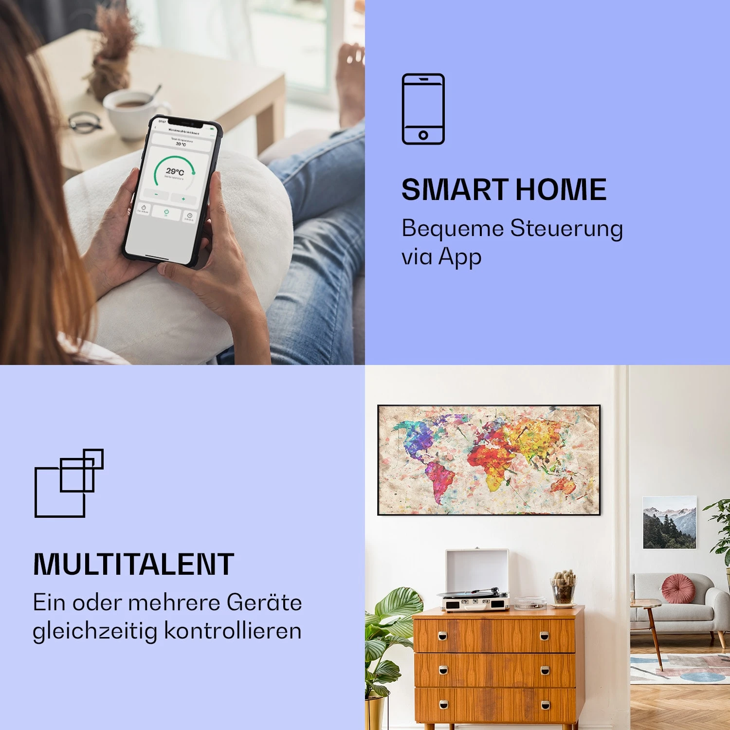 Wonderwall Air Art Smart Infrarotheizung Farbige Karte 120x60cm 700W – Bild 2