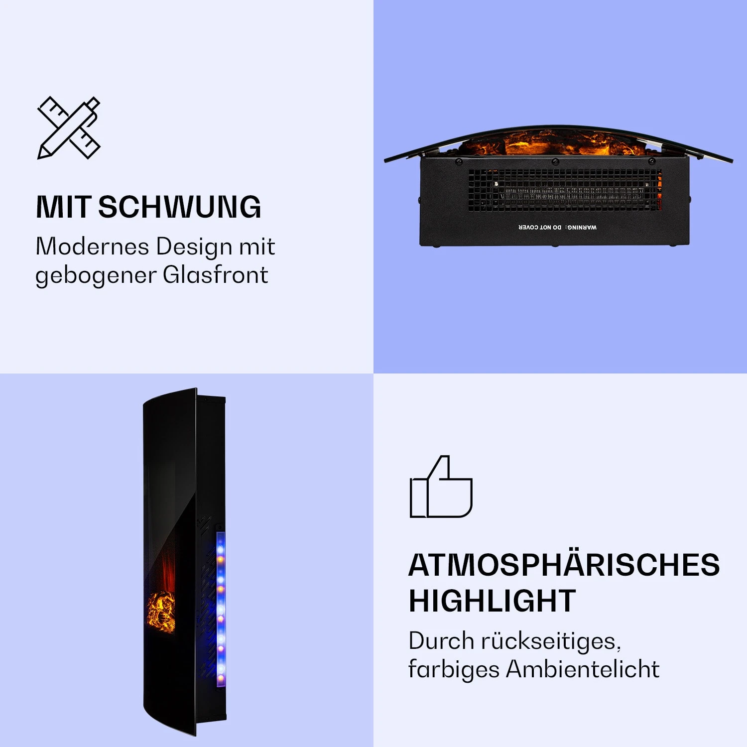 Klarstein Lamington Elektrokamin 2000 W LED-Flammen Heizlüfter Timer Ambientelicht – Bild 3