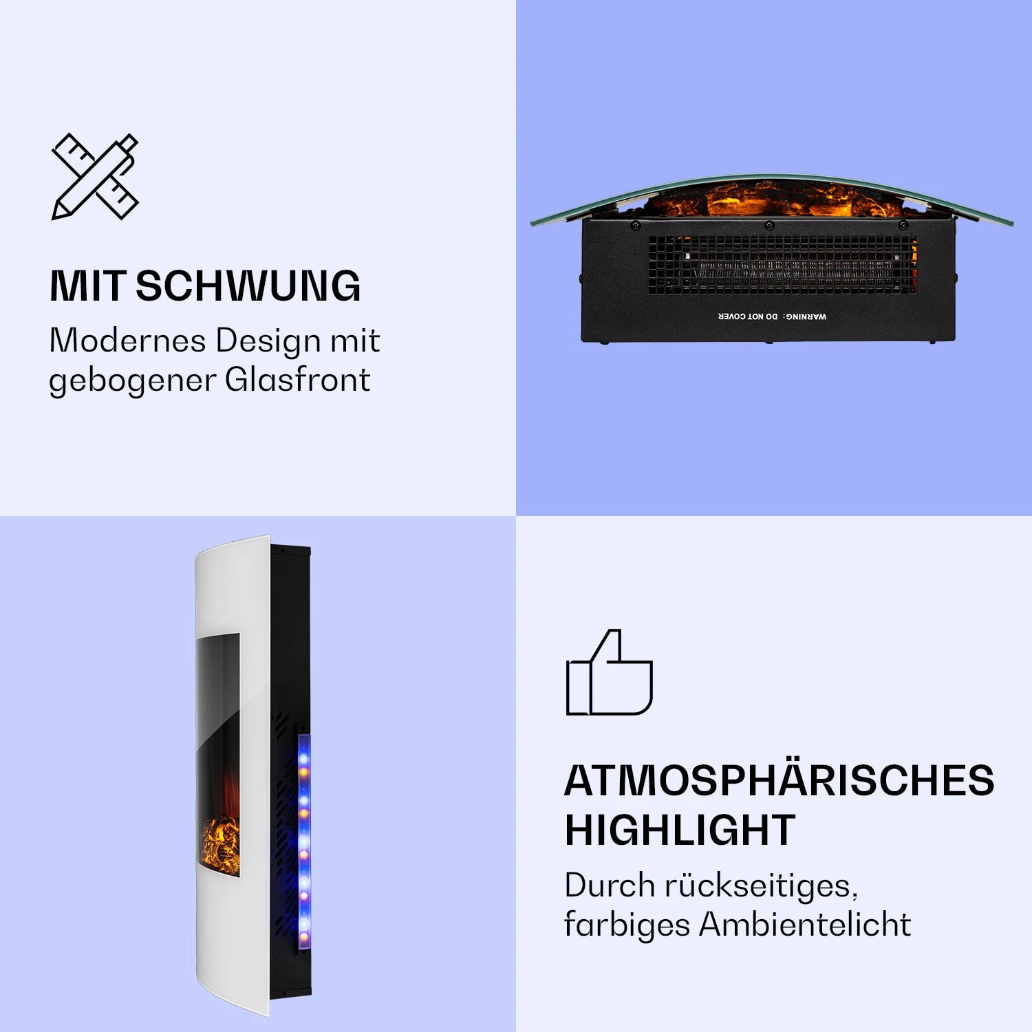 Klarstein Lamington Elektrokamin 2000 W LED-Flammen Heizlüfter Timer Ambientelicht – Bild 3