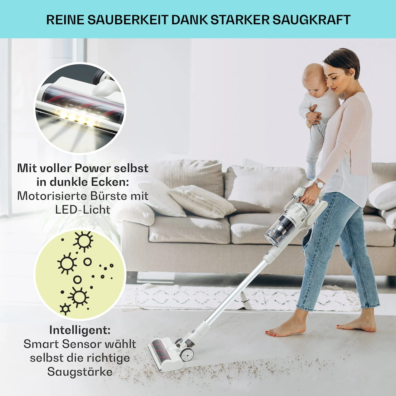 LARMA Staubsauger Kabellos Beutellos Akku 45 Min Laufzeit Max. LED – Bild 4