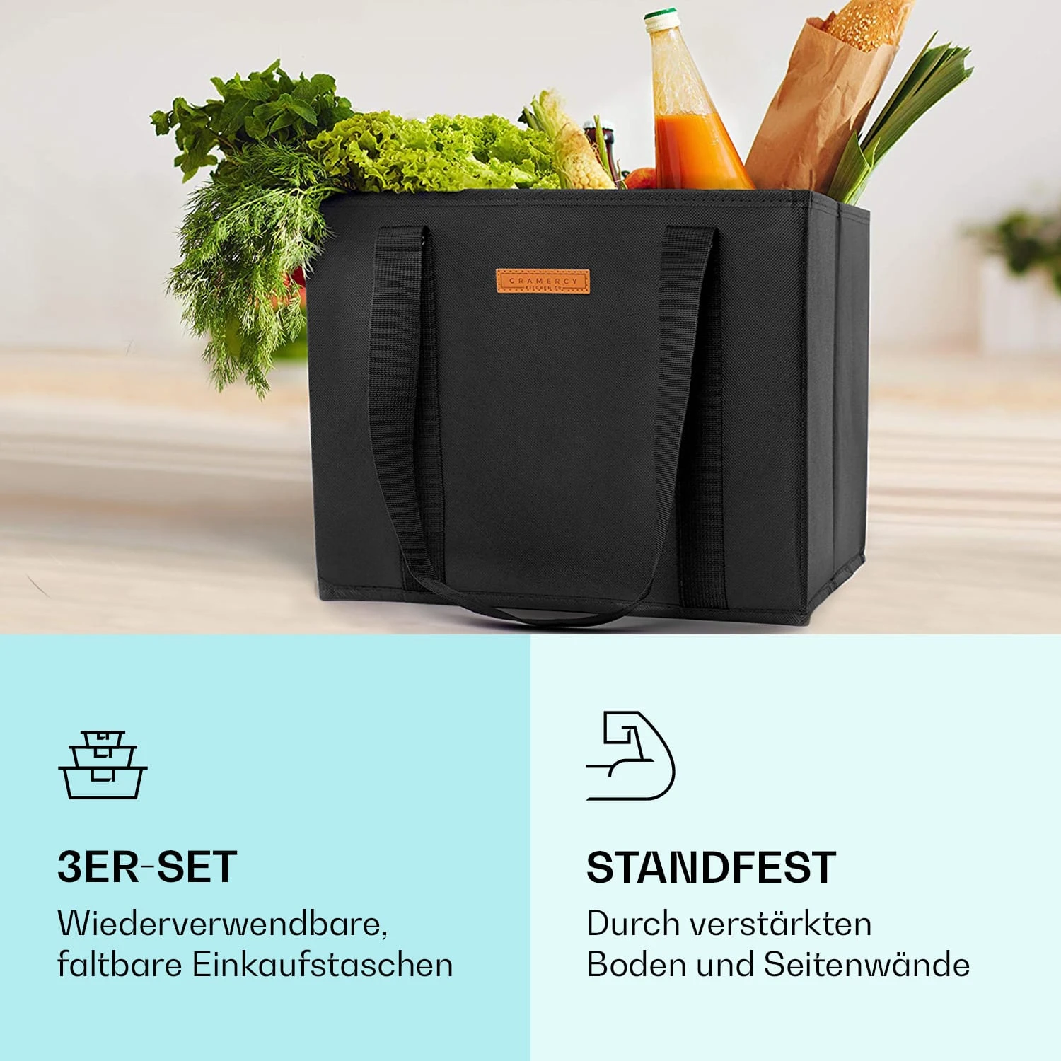 Einkaufstasche 3er Set Wiederverwendbar Waschbar Faltbar Verstärkt – Bild 2