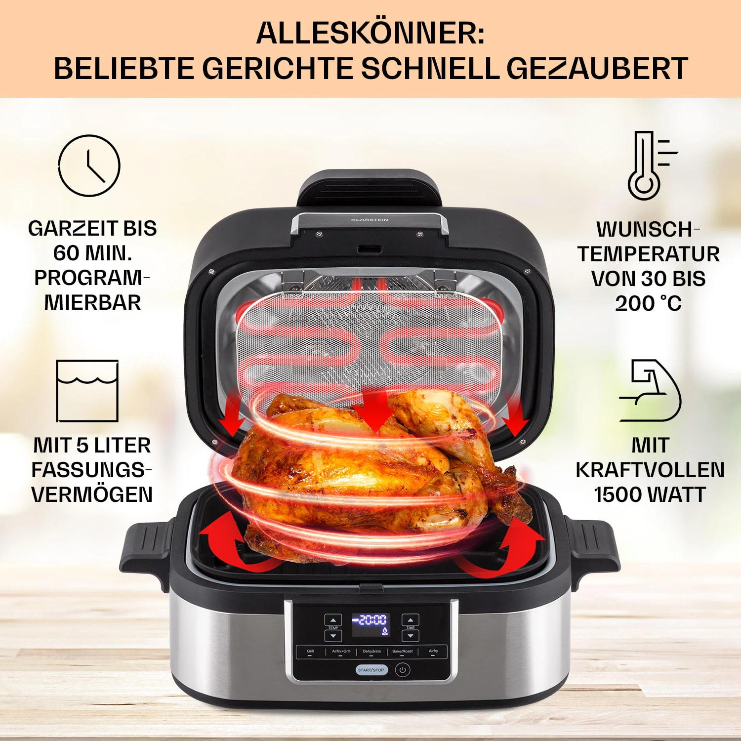 Combo Air Grill-Heißluftfritteuse 5 Programme 1500 Watt 4,5 L Grillkorb 2,5 L Frittierkorb - Image 2