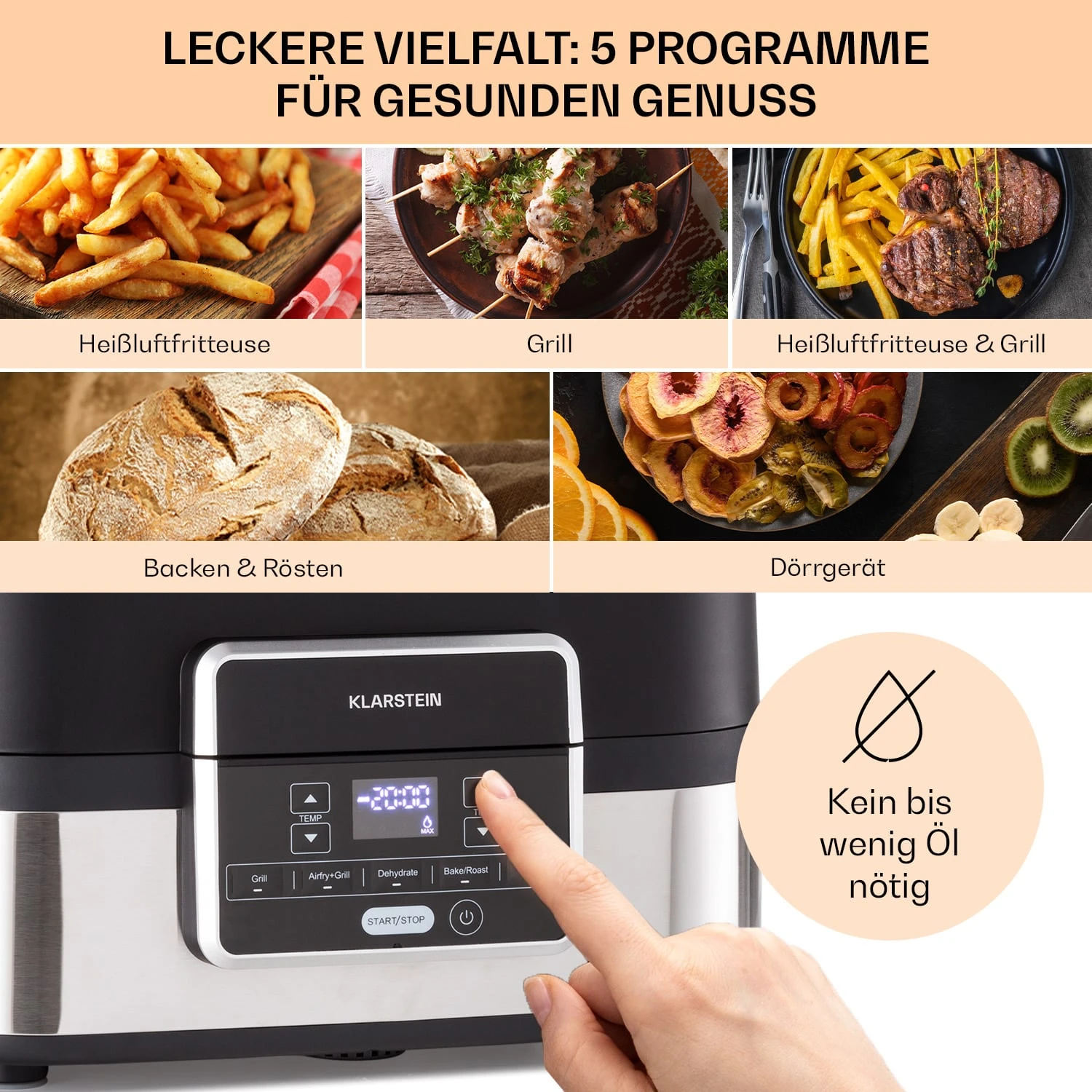 Combo Air Grill-Heißluftfritteuse 5 Programme 1500 Watt 4,5 L Grillkorb 2,5 L Frittierkorb - Image 3