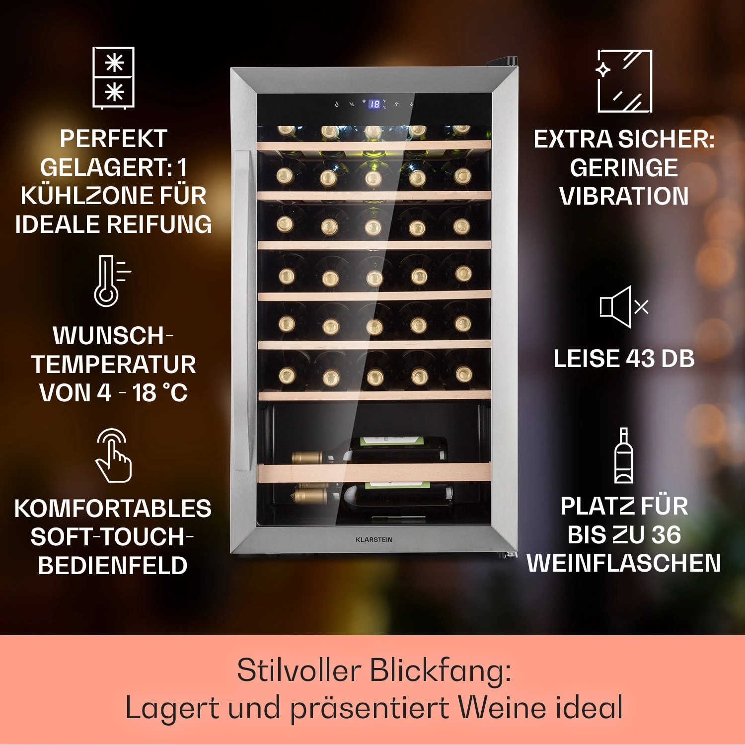 Vinamour 32 Uno Weinkühlschrank 1 Zone 95 L / 36 Flaschen 4-18°C Touch – Bild 2