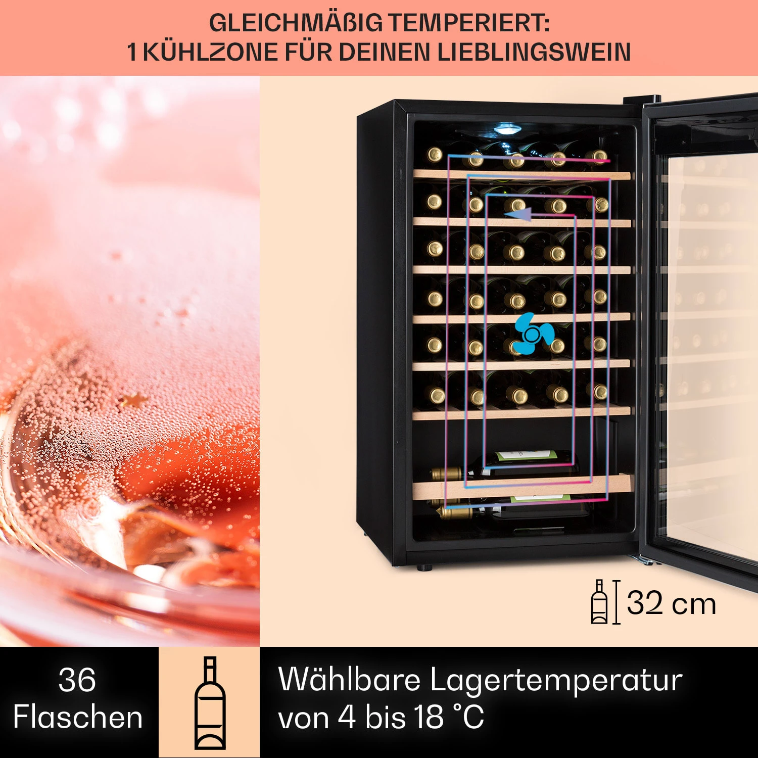 Vinamour 32 Uno Weinkühlschrank 1 Zone 95 L / 36 Flaschen 4-18°C Touch – Bild 3
